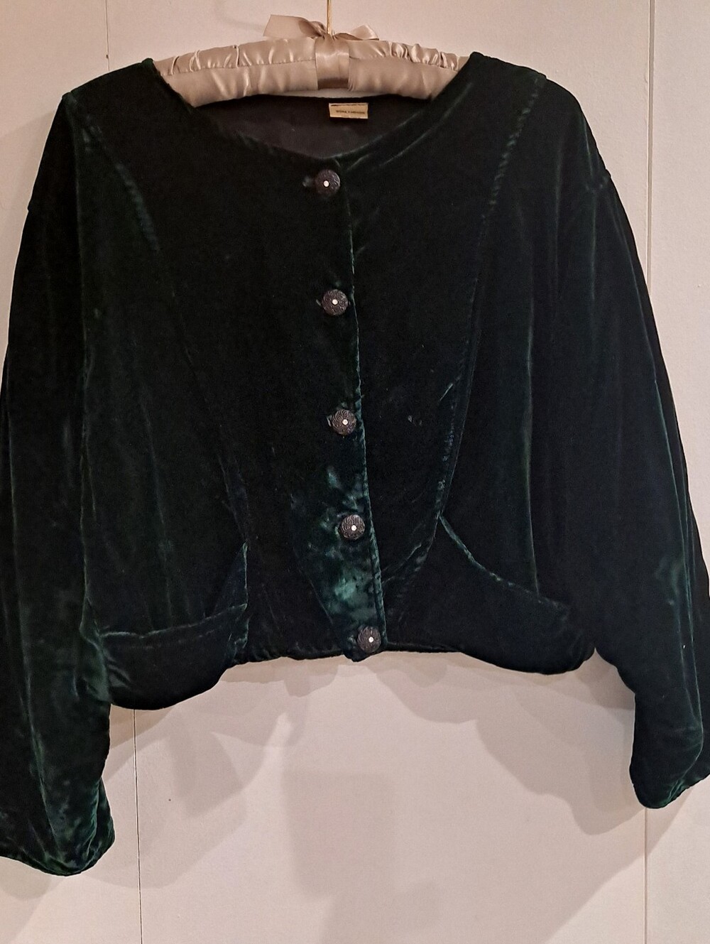 Bora Fashion VTG Y2K Dark Green Velvet Collarless Cropped Jacket